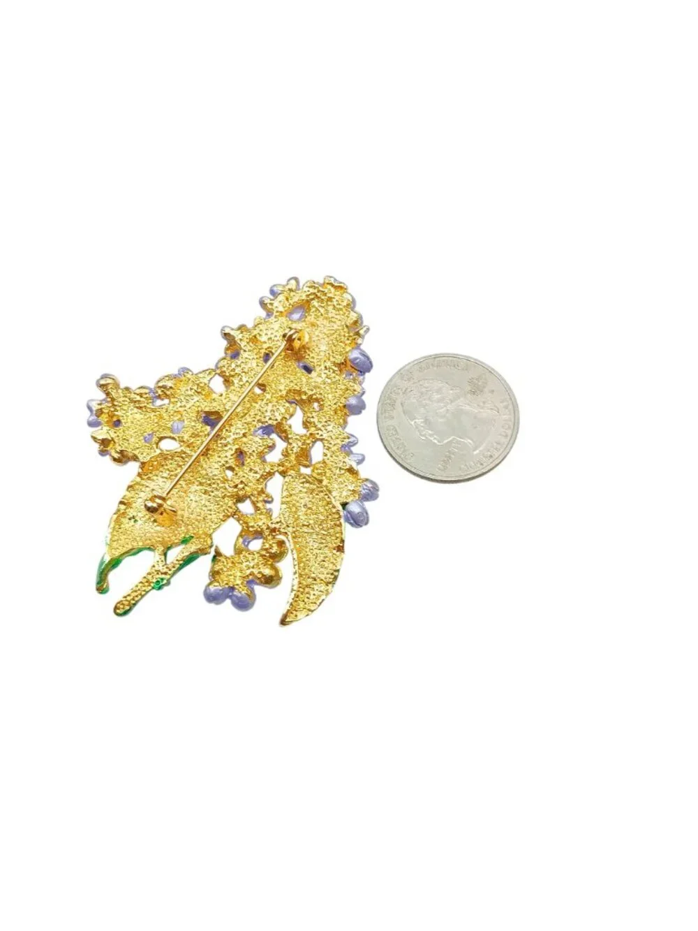 Vintage Lilac Flower Enamel & Gold-Tone Brooch Pin - Purple & Green Floral Jewel